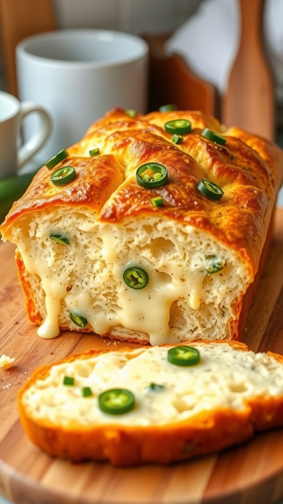 A warm loaf of jalapeño cheese bread, sliced and showing melted cheese and jalapeños, on a wooden board.